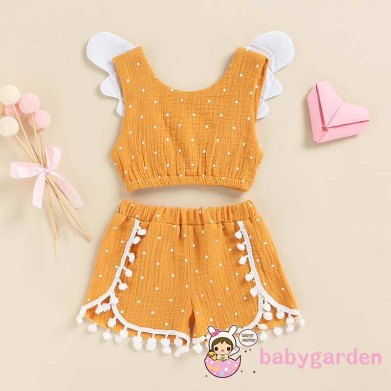 Bộ áo croptop không tay họa tiết chấm bi + quần short cotton thời trang mùa hè cho bé gái