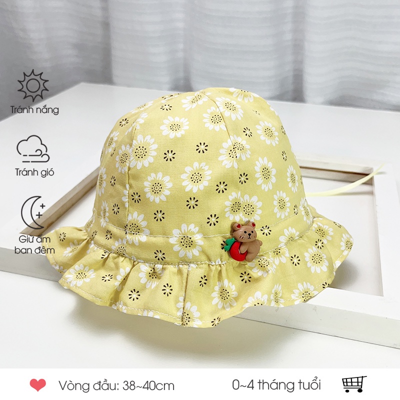 Nón bé gái sơ sinh rộng vành chống nắng 0-1 tuổi, mũ em bé mềm mát, thoáng khí, có dây cột tiện lợi phong cách dễ thương