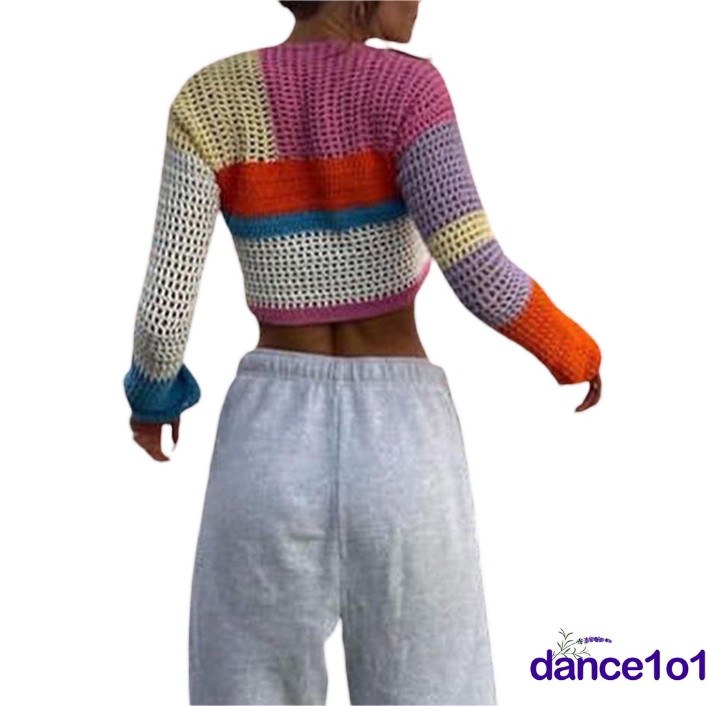 Áo croptop dệt kim tay dài khoét lỗ hình khối màu sắc cho nữ E6