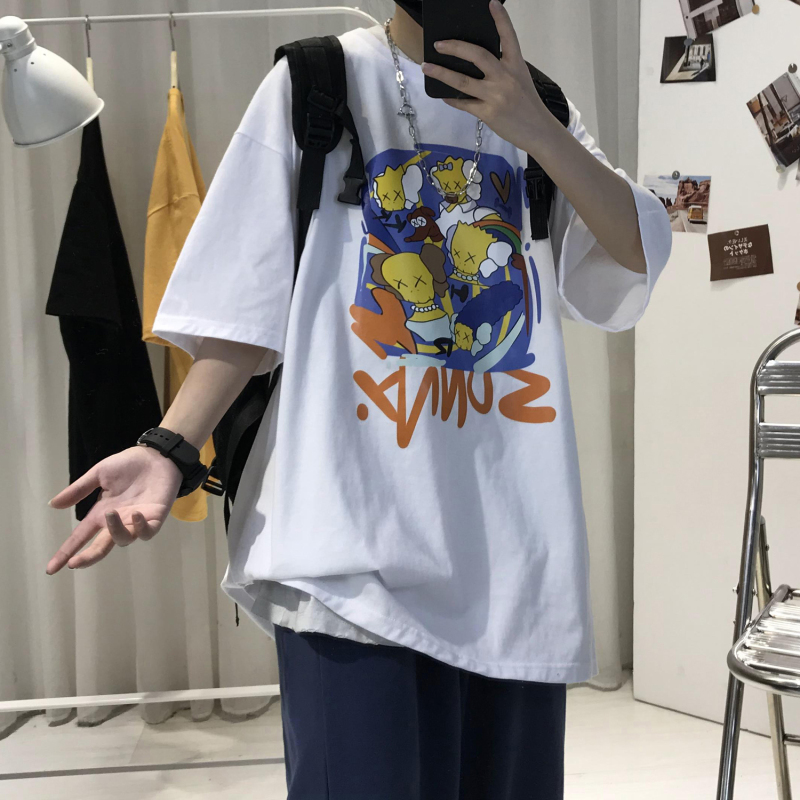 【COD】 T-shirt Chất Lượng Cao Hàn Quốc Năm Điểm Tay Áo Hàng Đầu Nam Giới Hip-hop Thời Trang Lỏng Lẻo Mùa Hè 2021 Cặp Đôi Mới Phim Hoạt Hình in Graffiti Nam Và Nữ [M-3XL]