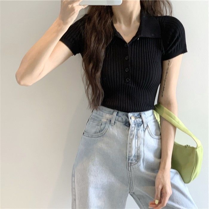 Áo Dệt Kim Tay Ngắn Dáng Ôm Phong Cách Thời Trang Retro Hàn Quốc Hàng Mới 2022