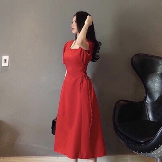Đầm váy cổ vuông đan dây eo 6 màu