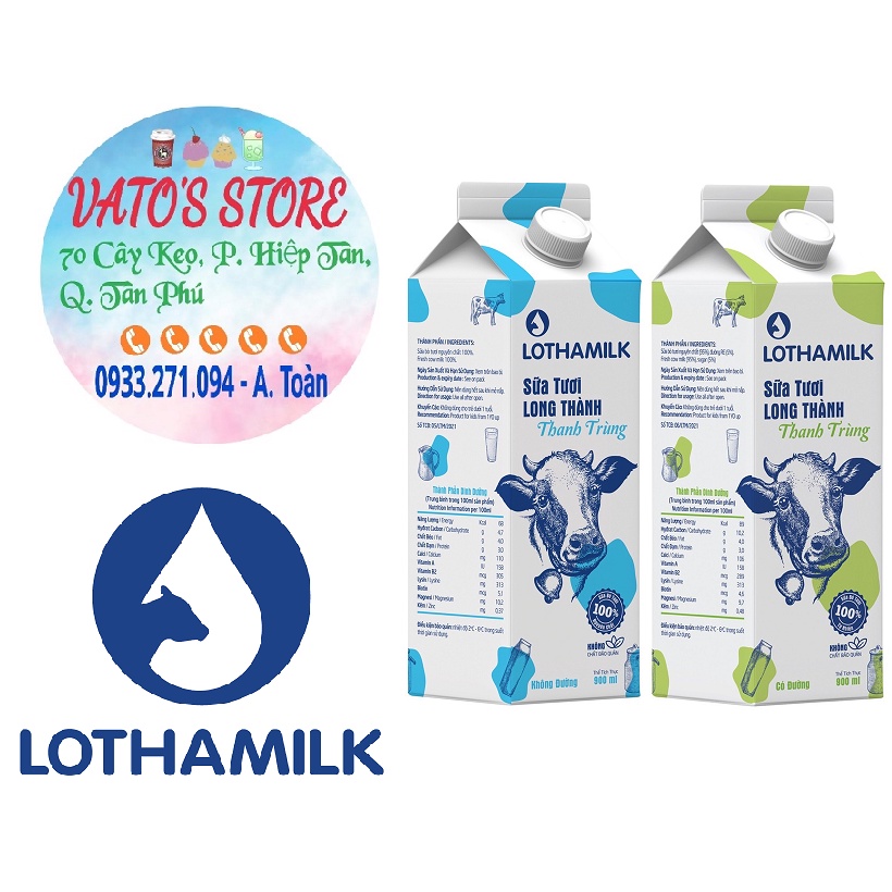 Sữa tươi thanh trùng Long Thành Lothamilk hộp 900ml có đường/ không đường