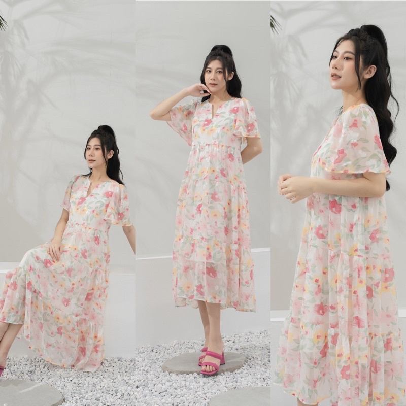 Đầm Voan Hoa Lụa Cổ V Phom Suông Rộng Dáng Tầng Babydoll Phong Cách Nữ Tính Nhẹ Nhàng