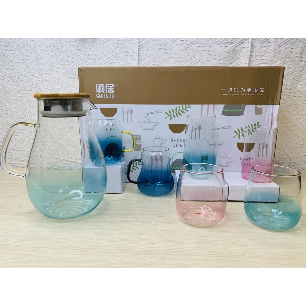 Cốc thủy tinh đổi màu nước cao cấp, thủy tinh đời mới brosilicate 2 màu xanh hồng - Ảnh shop chụp