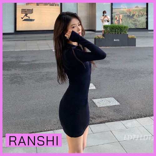Đầm Body Dài Tay Sexy Cổ Polo RANSHI Váy Ôm Sát Có Hai Màu Đen Và Trắng Siêu Xinh Chất Thun Gân Dày Dặn - RBD044