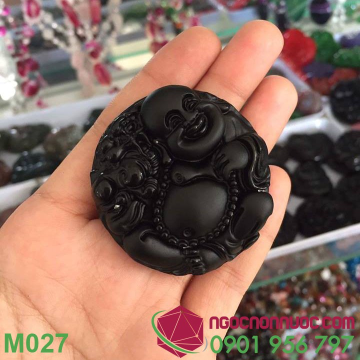 Mặt dây chuyền Phật Di Lặc đá Obsidian tròn
