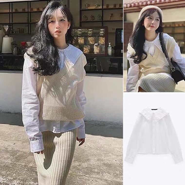 ÁO SƠ MI NỮ CỔ V PHỐI REN VIỀN M110 mặc trong áo len Tết Xinh