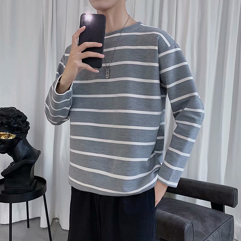 Áo thun cổ tròn dài tay dáng rộng họa tiết sọc ngang thời trang dành cho nam | BigBuy360 - bigbuy360.vn