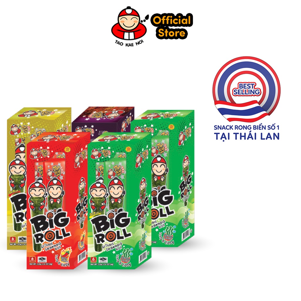 [COMBO TIẾT KIỆM] Snack Rong Biển Taokaenoi ăn liền Big Roll (3,6g/gói) x 5 hộp (Truyền Thống, Cay, BBQ, Mực)