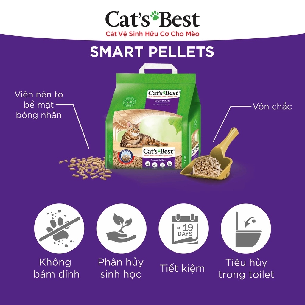 [2.1kg] Cát gỗ hữu cơ CAT'S BEST SMART PELLETS 5L vón cục cho mèo Anh lông dài