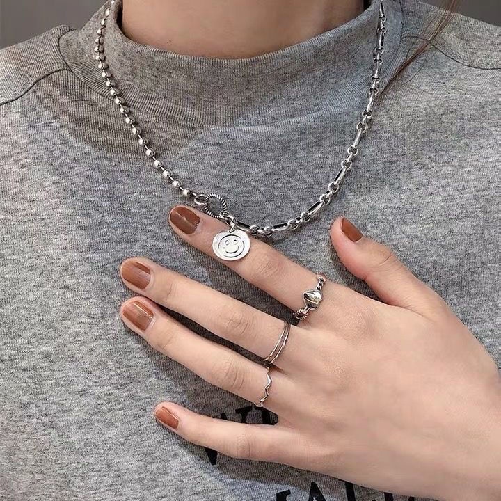 Xiao bao 925 Vòng cổ bạc sterling mặt tròn hình mặt cười thiết kế dây xích phong cách cổ điển cho nữ