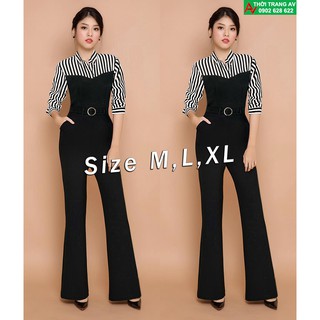 Jumpsuit - Đồ bay dài ống loe tay lỡ phối kẻ sọc xinh xắn (tặng kèm thặt lưng) - AV6212