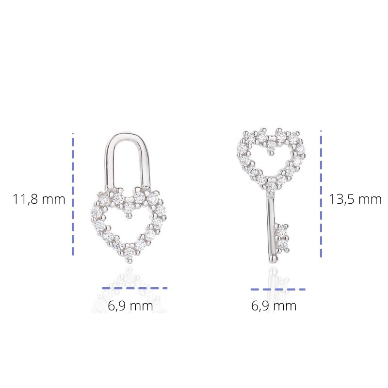 Bông Tai Bạc S925 Mở Khóa Trái Tim Đính Đá Zircon Bất Đối Xứng | Khuyên Tai Nữ Trang Sức Bạc Chìa Khóa &amp; Ổ Khóa