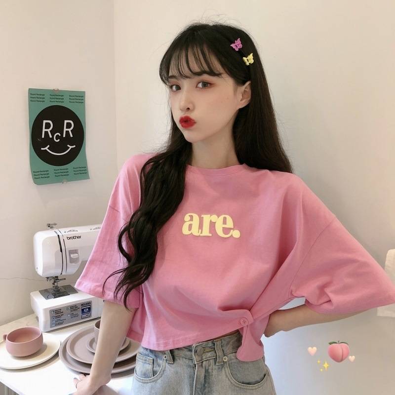 Áo Thun Crop top Tay Ngắn Màu Hồng Chất Liệu cotton Thời Trang Cho Nữ 2021