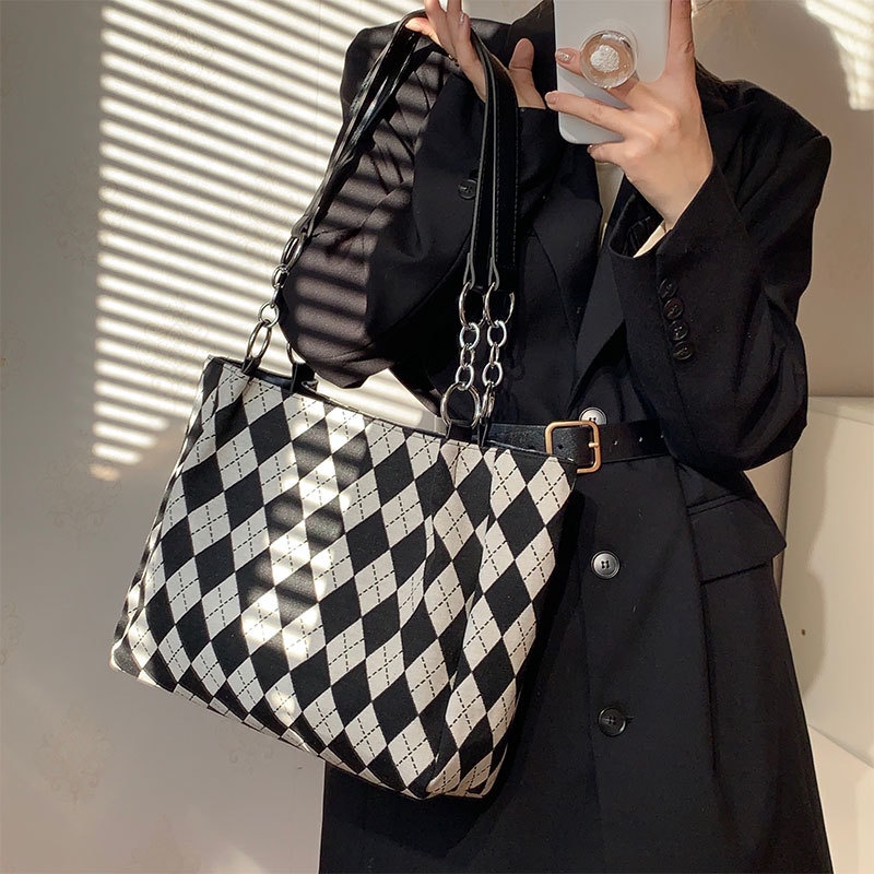 Túi Xách canvas Cỡ Lớn Kẻ Sọc Caro Trắng Đen Thời Trang Phong Cách Âu Mỹ Cho Nữ