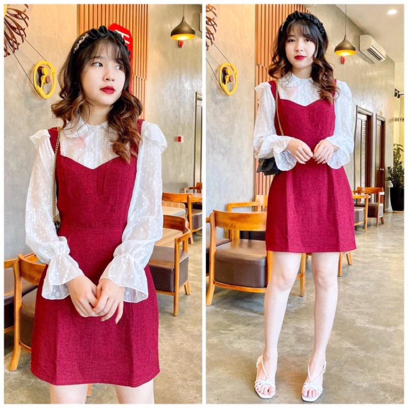 Set yếm Đầm bố đỏ 2 dây + áo sơmi ren nhũ cổ sen bèo tay loe