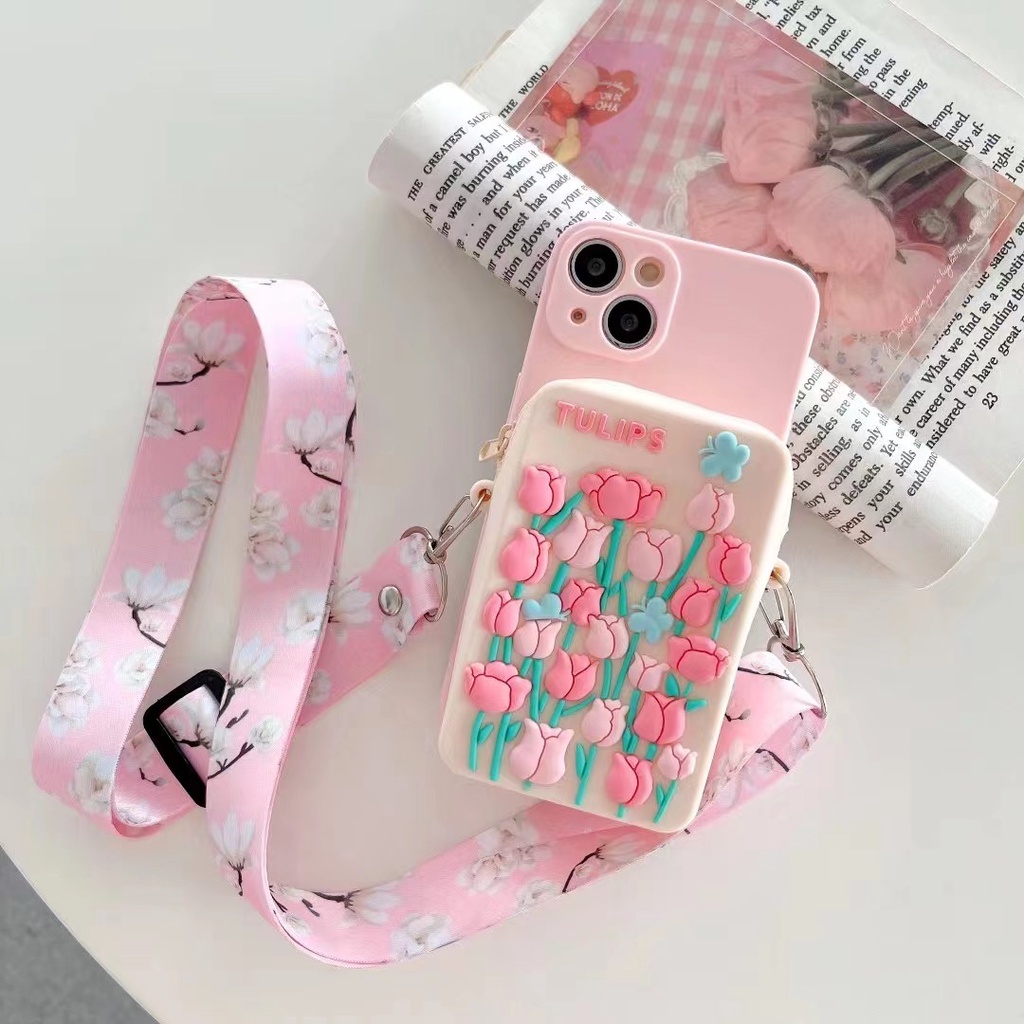 Ốp Điện Thoại Thiết Kế Ví Đựng Xu Hình Hoa Tulip Cho Samsung A03 A03S A12 A13 A22 A32 A33 A53 A73 M51 M52 M62 S22 Ultra