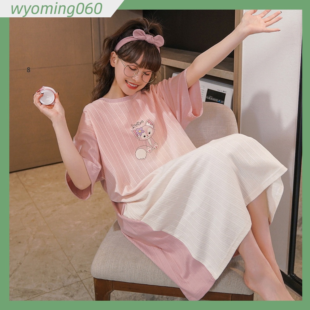 [Hàng Sẵn] Váy ngủ mùa hè Thân thiện với da đầu gối Dài tay dệt kim Cotton Váy ngủ dành cho nữ 【Wyoming060】