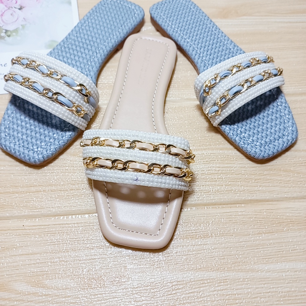 Dép Nữ Đế Bệt Hở Mũi  MINHTUYETSHOES- Dép Nữ Quai Ngang Đính Đá Dây Xích Mẫu Mới Bền Đẹp Giá Tốt Đi Chơi,Đi Biển mã DNX1