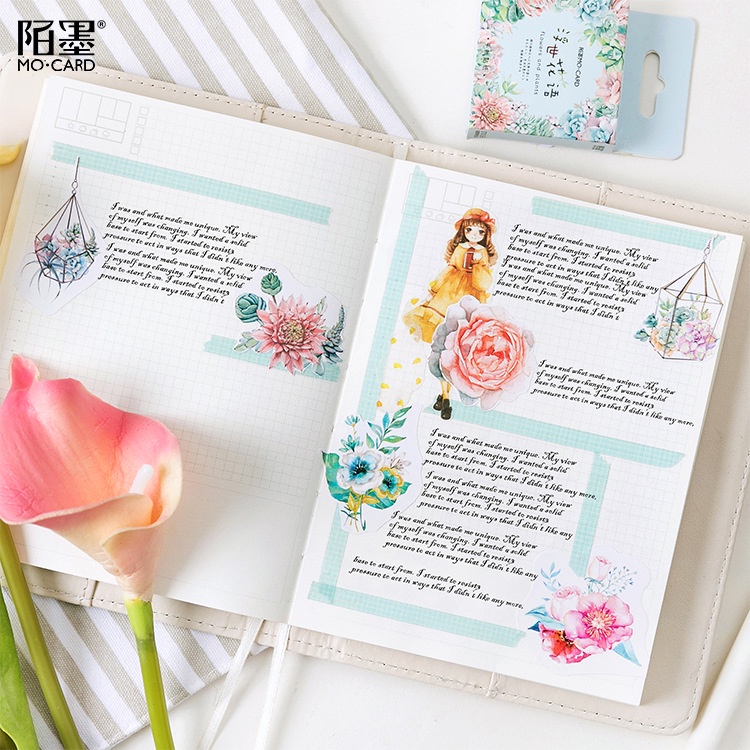 Sticker chủ đề Hoa Và Sen Đá - Hộp 46 miếng dán trang trí sổ tay Bullet Journal - M127