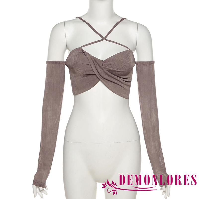Áo Croptop Tay Dài Màu Sắc Cà Phê Thiết Kế Cột Dây Độc Đáo Thời Trang Quyến Rũ Cho Nữ