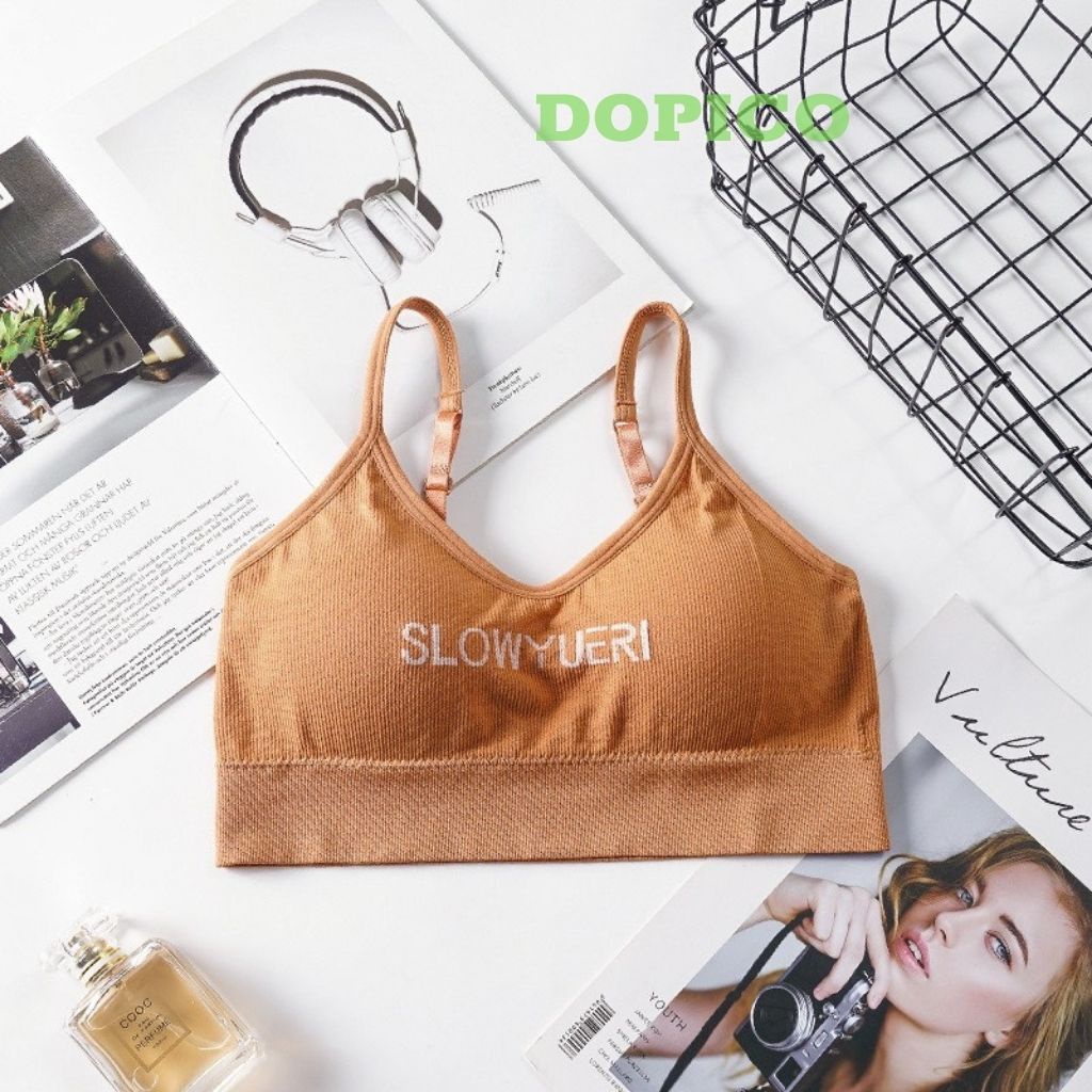 Áo bra nữ 2 dây tập gym thể thao đẹp, áo lót không gọng in chữ nổi bật DOPICO B7701