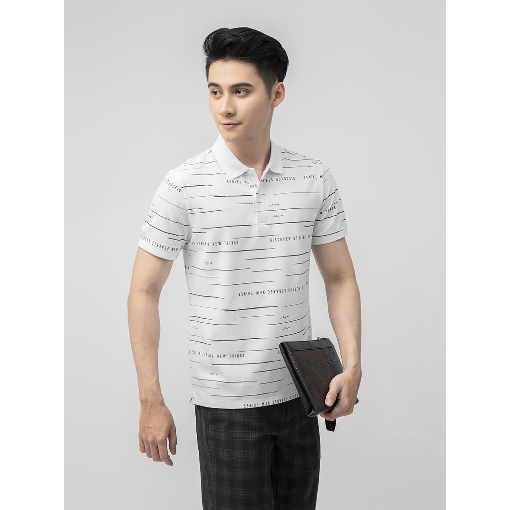 Áo thun polo nam Aristino APS045S1 phông có cổ bẻ dáng suông vừa mầu trắng in họa tiết chữ vải cotton cao cấp mềm mại