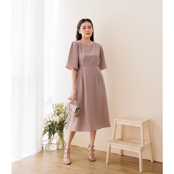 Babeswear - Đầm midi Phồng Màu Xanh navy Sang Trọng Nhập Khẩu Hàn Quốc Cho Lễ Tình Nhân / Năm Mới / Trung Quốc