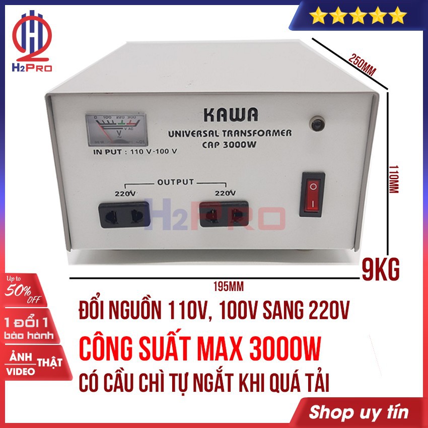 Bộ đổi nguồn 220V sang 110V-100V hoặc đổi nguồn 110V sang 220V KAWA H2Pro 3000W cao cấp, chất lượng cao-an toàn