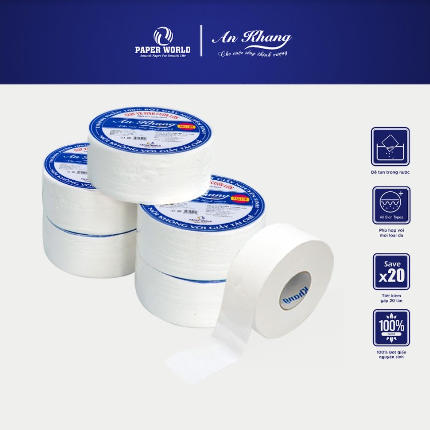 Giấy vệ sinh cuộn lớn AN KHANG AKC700, 100% bột giấy nguyên sinh, dùng trong nhà vệ sinh, toilet, hai lớp 700gr -10 cuộn