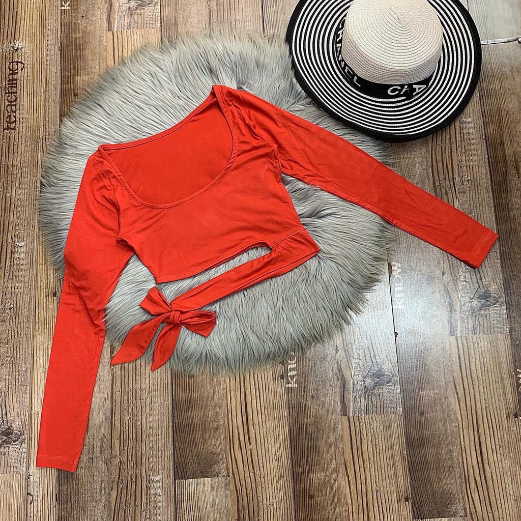 Áo cổ vuông tay dài phối cột nơ eo