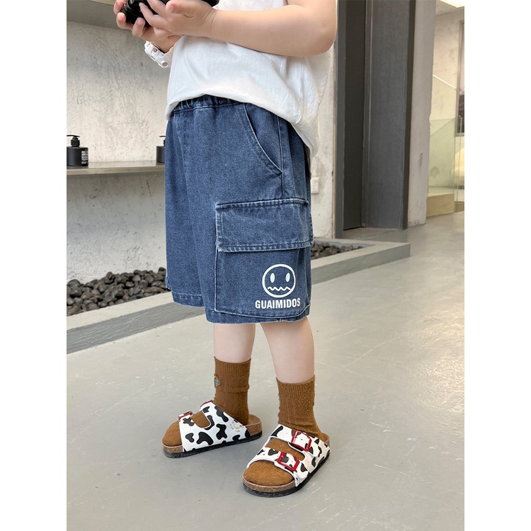 Quần short jean túi hộp in mặt cười cho bé trai từ 12-35kg, chất vải bò mềm, cạp chun co giãn thoải mái