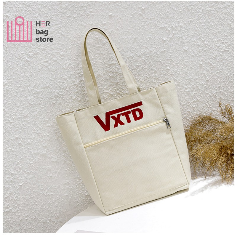 Túi tote đeo vai giá rẻ vải canvas mềm trơn đẹp đi học phong cách Nhật Bản có túi phụ nhỏ bên ngoài