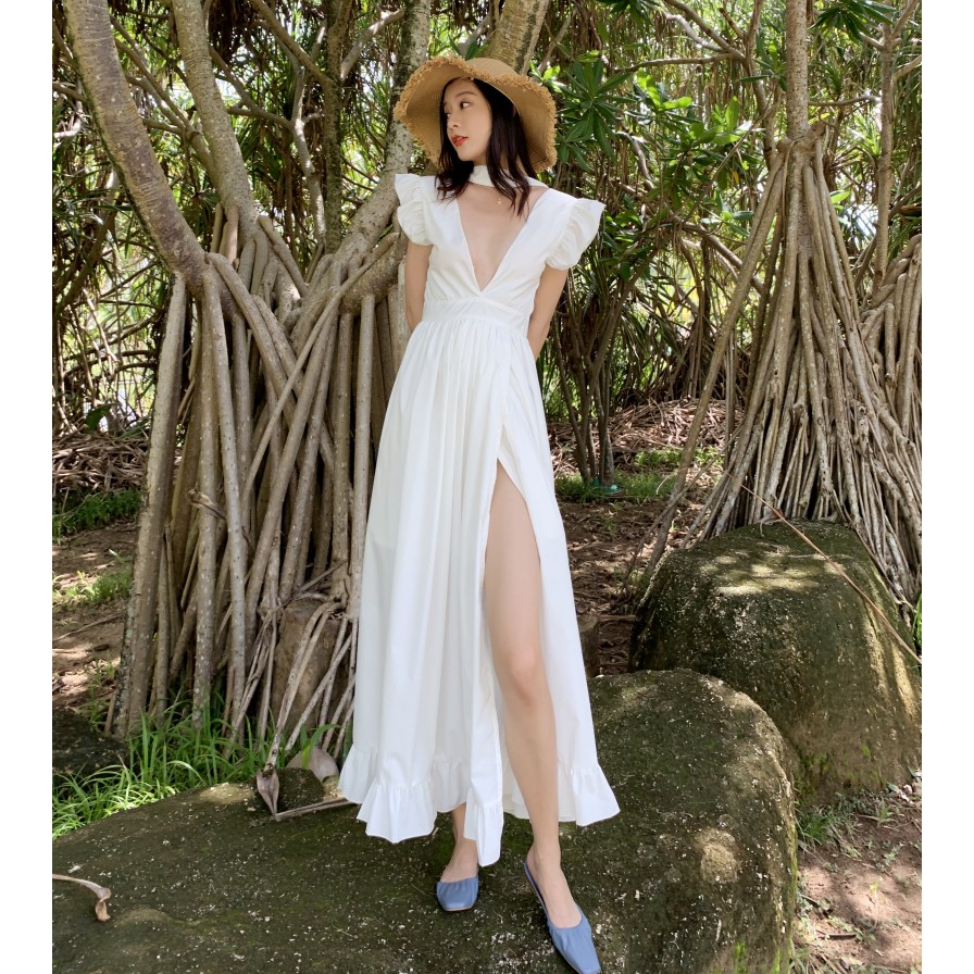 Đầm Maxi Tay Cánh Tiên Cổ Chữ V Thiết Kế Hở Lưng Quyến Rũ Nữ Tính | BigBuy360 - bigbuy360.vn