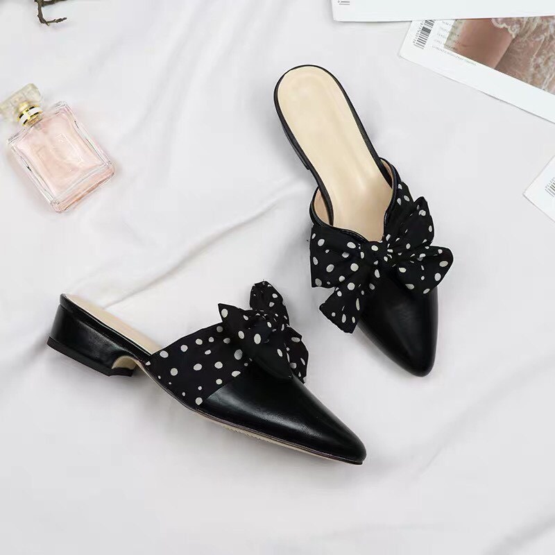 Sục nữ - giày sục nữ -dép sục nữ - sục mũi nhọn phối nơ chấm bi 3cm