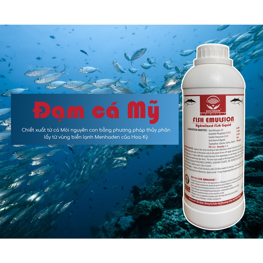 Phân đạm cá Fish Emulsion DOCNEEM, chai 1 lít, hữu cơ cho hoa hồng, hoa lan, rau sạch, hoa,cây cảnh, chính hãng