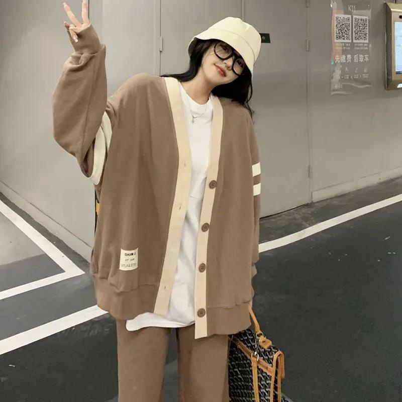 Set áo hoodies có nón dài tay + quần dài ống rộng thời trang nữ