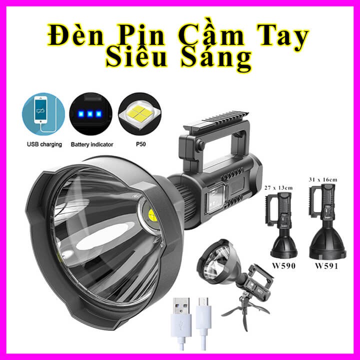 Đèn pin cầm tay siêu sáng chiếu xa 1000m có chân đế chống nước W591 và W590, đèn pin cắm trại dã ngoại