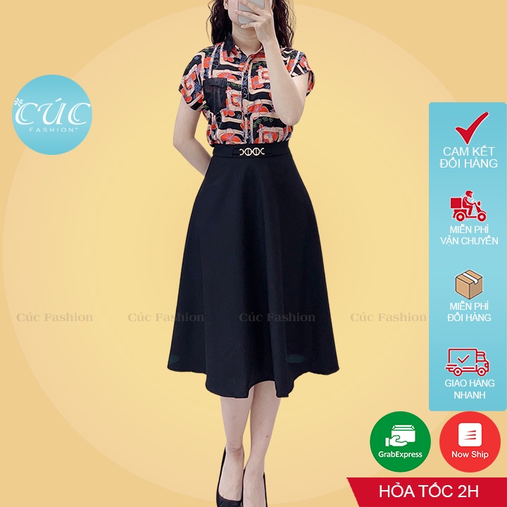 Chân váy dài CÚC FASHION đầm nữ cao cấp dáng lửng cạp cao thời trang công sở đẹp đen đi học xòe đai móc tròn CV1900