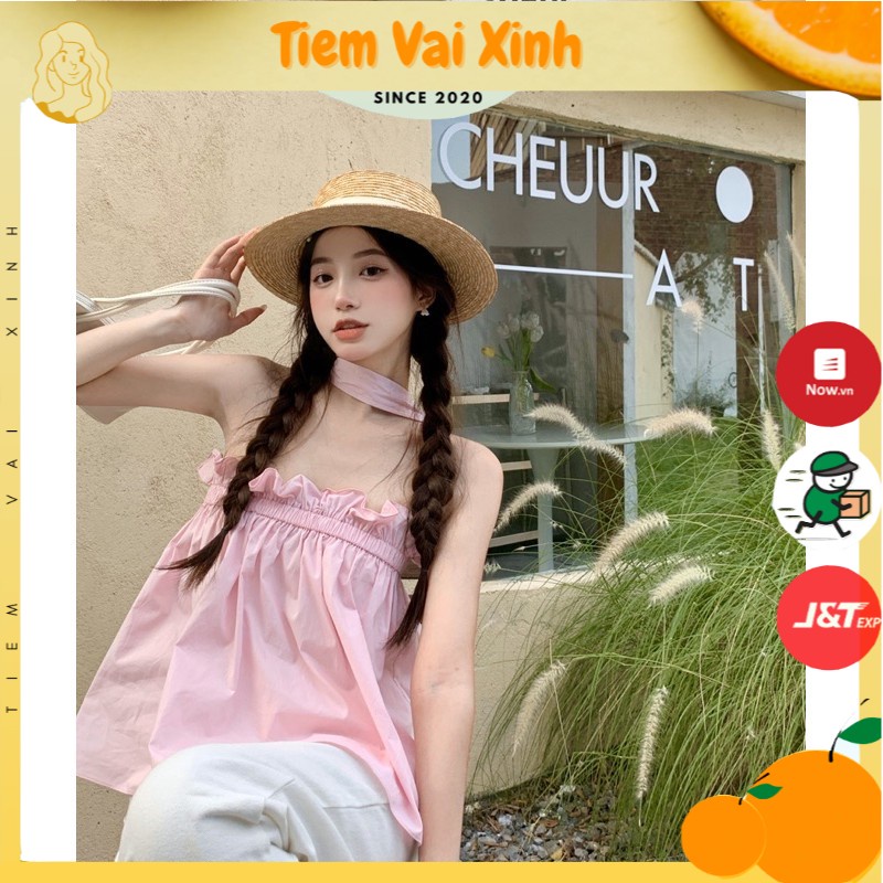 Áo Kiểu [Tiệm Vải Xinh] Áo Kiểu Croptop Quây Ngực Liền Choker Cạp Chun - Hàng Quảng Châu ct017