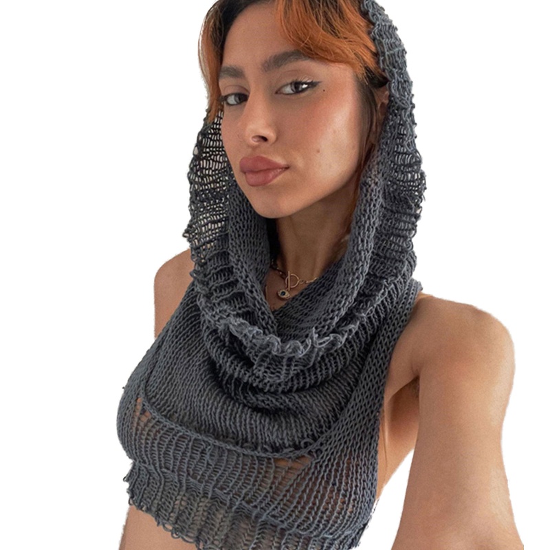 Áo Croptop Dệt Kim Sát Nách Có Mũ Trùm Kiểu Harajuku Đường Phố Cá Tính Cho Nữ