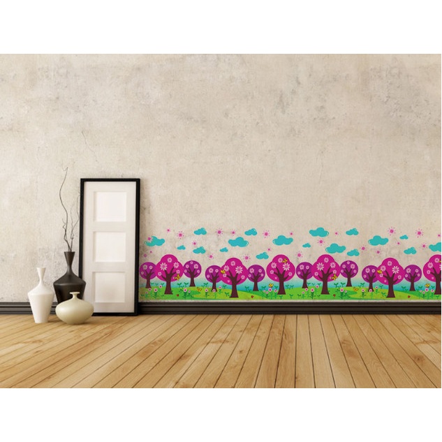Decal trang trí tường - Chân tường hàng cây tím trên thảm cỏ