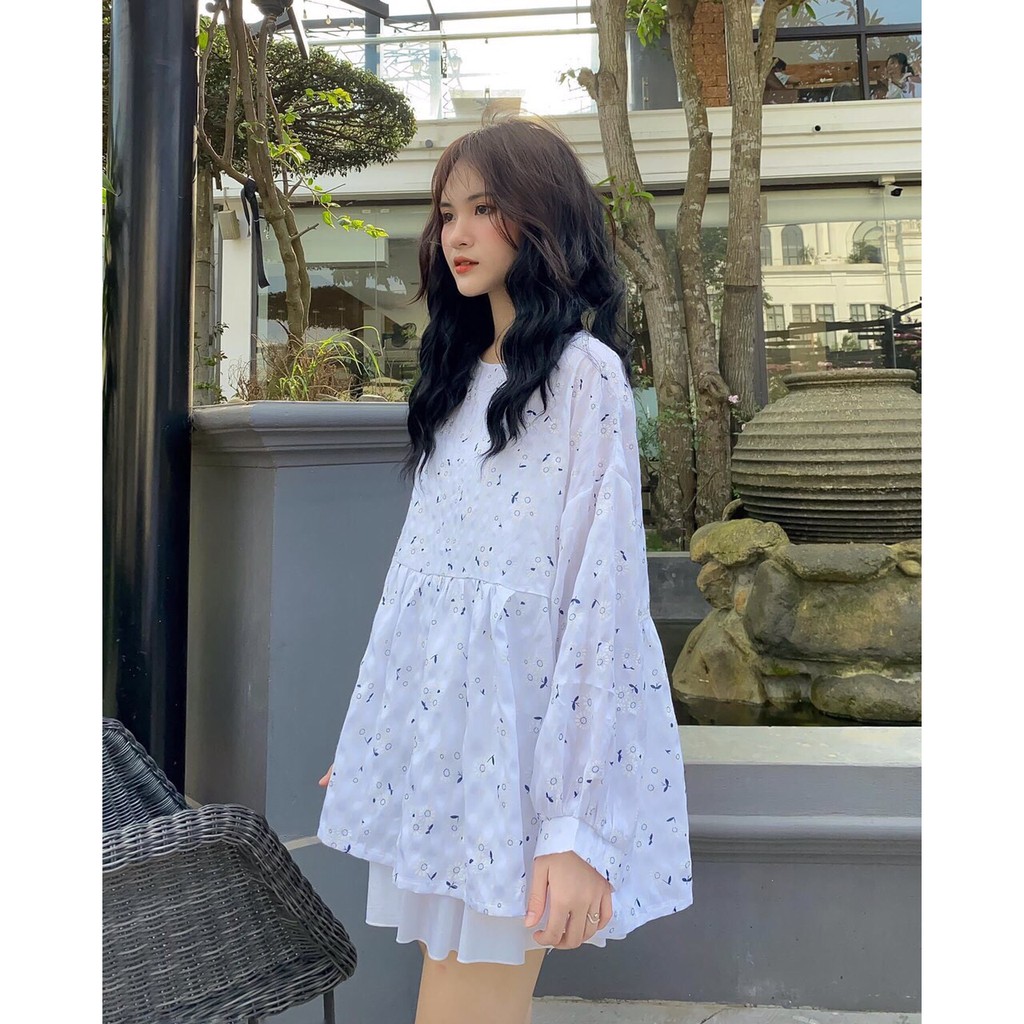 Áo Babydoll Hoa Nhí NữSơ Mi Tay Bồng Hoa Nhí Dáng Rộng Vintage Bánh Bèo Hottrend