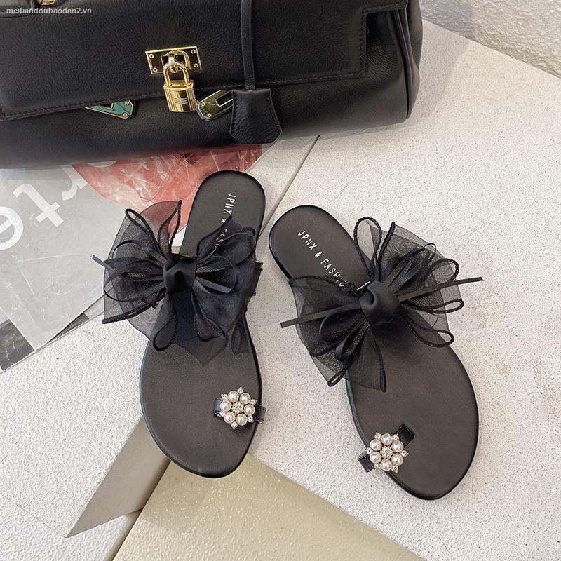 Dép sandal đế bằng phối lưới đính hạt phong cách Hàn Quốc thời trang mùa hè 2021 dành cho nữ