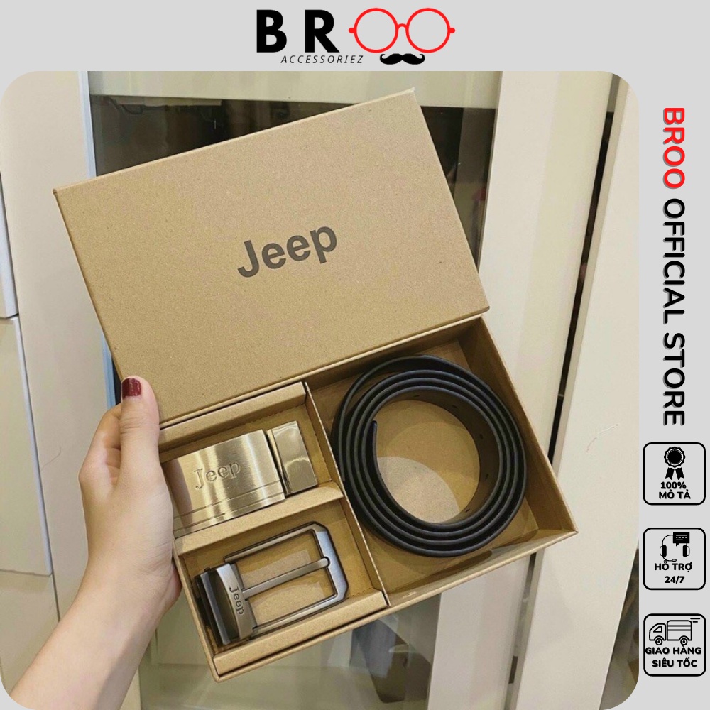 Thắt lưng dây nịt nam Jeep da bò cao cấp gồm 2 mặt khóa bạc full box - BROO official