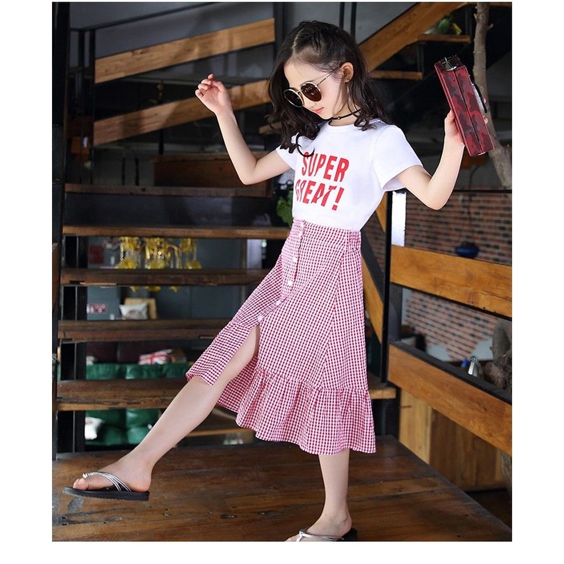 Set áo thun in chữ + chân váy caro cho bé gái 3-14 tuổi 110-160cm