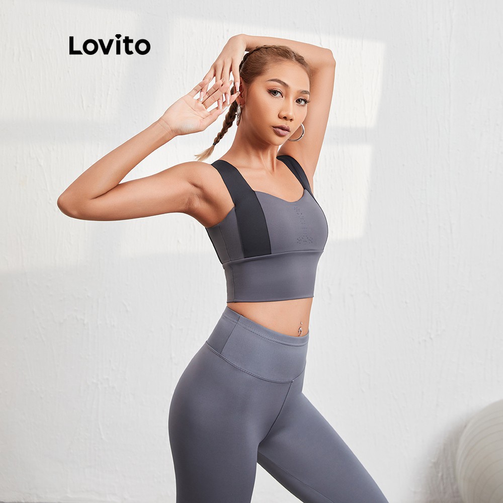 Áo bra thể thao Lovito ghép nối màu sắc nhanh khô hở lưng độ co giãn cao L08068 (màu xám)