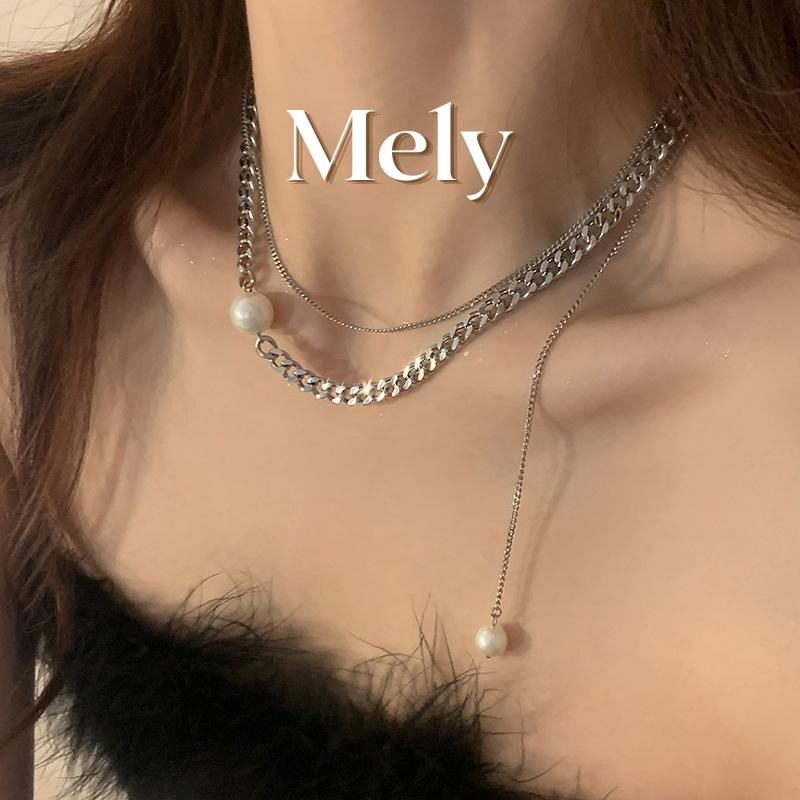 [KHÔNG ĐEN GỈ] Dây chuyền titan, vòng cổ unisex mắt xích sợi đôi phối ngọc trai nhân tạo Mely CT10