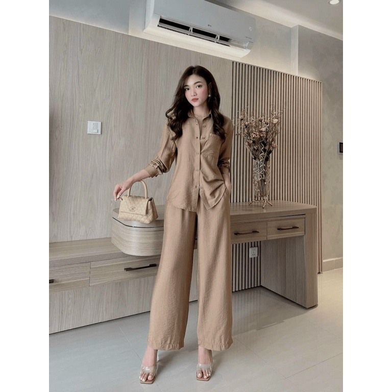 Sét Bộ 2 Món Quần Ống Rộng Kết Hợp Áo Sơ mi Dài Tay Chất Tuyết Nhung Nhẹ Mát Phù Hợp Mọi Nơi [NEW UNISEX]